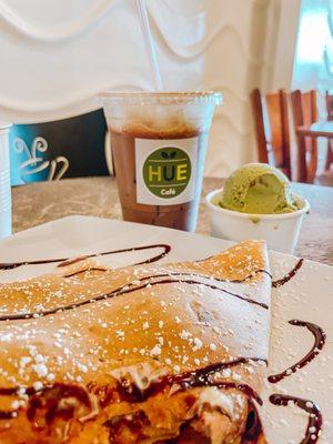 Nutella, Strawberry and Banana Crepe with Green Tea Ice Cream and an Iced Vietnamese Coffee