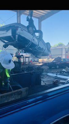 Fork lift smashing up the junk cars!!!