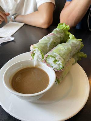 BBQ pork and shrimp spring roll with peanut sauce