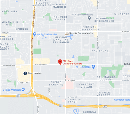 We are located in Chandler on the Southwest corner of Chandler and Dobson.