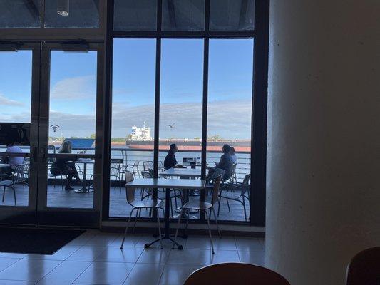 View from inside the food court looking out at the boats.