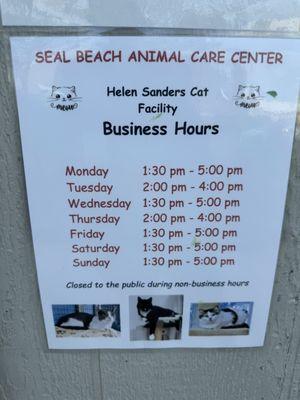 BUSINESS HOURS for Helen Sanders Cat Facility