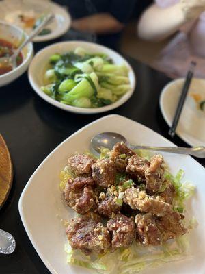 Steamed bok choy and salt and pepper pork ribs