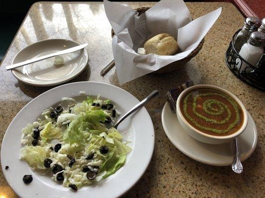 Soup salad and bread for lunch