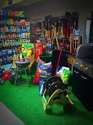 Cook out grills, lawn mower, shovels, rakes, insect repellents, bird food, grill accessories.