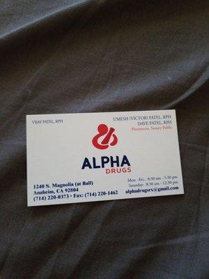 Alpha Drugs Pharmacy Business Card