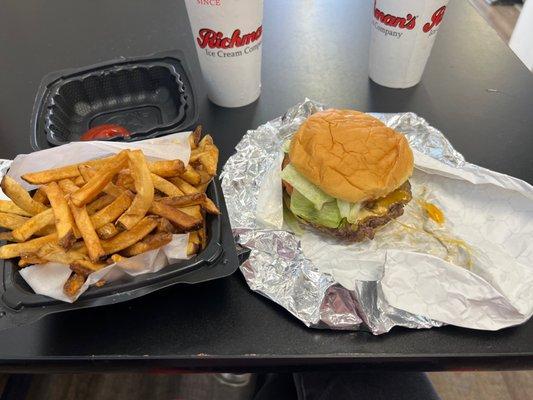 Burger, fries, malt and drink