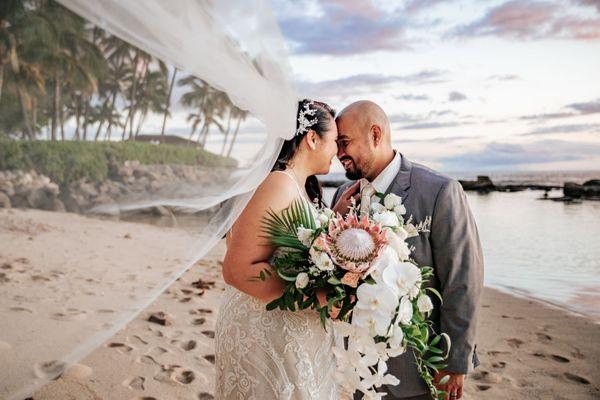 Beach wedding portraits at Lanikuhonua Cultural Institute - Wedding Photography by HNL Studios www.hnlstudios.com