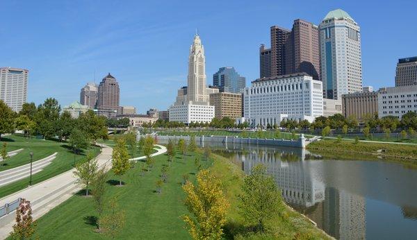 Columbus downtown along the reclaimed parkland.