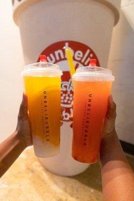 left: unbelibubble fruit tea right: strawberry mango fruit tea