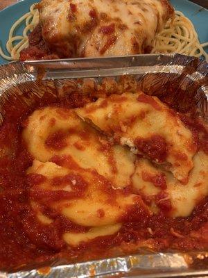 Baked ravioli and chicken parm/spaghetti.