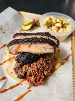 Two meat combo......Ribs and Brisket and a side Green Chile Mac n Cheese.