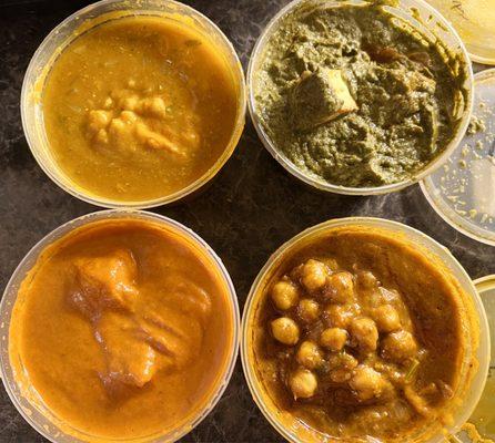 Dal Tadka, Palak Paneer, Chicken Tikka Masala, Chana Masala