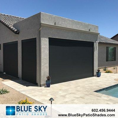 Blue Sky Patio Shades installation of MagnaTrack motorized screen with Jam/Sofit mount.