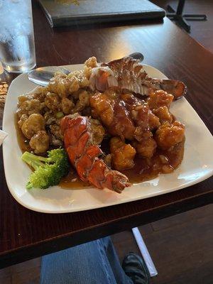 Dragon meets phoenix Lobster and General Tso's chicken