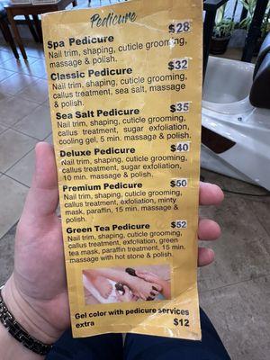 Pedicure price list 9-20-2024