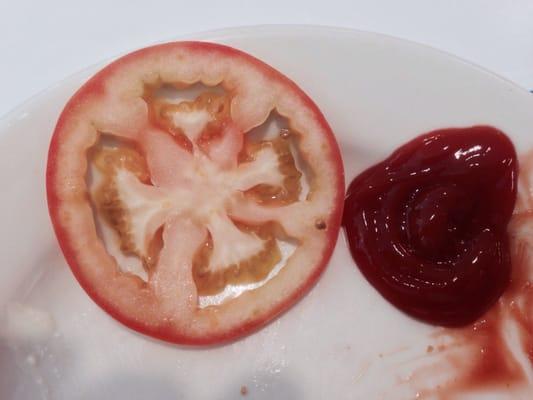 Inedible white wool tomato next to reference red catsup. Blecch.