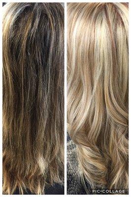 Before and after. Color correction. She wanted platinum blonde and a light brown. Color by Loree