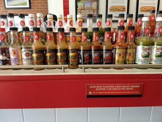 I was quite impressed by the array of hot sauces available. Number is the heat level. Can you handle a 10?