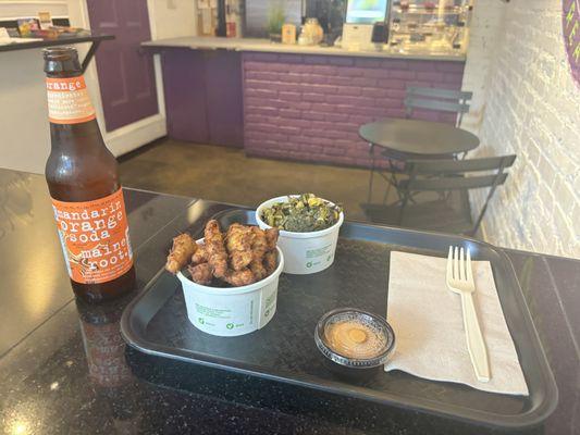 Mandarine Mandarin Orange Soda, collard greens, fried bayou bites