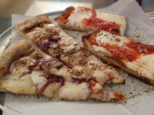 Slice with onions, tomatoes and balsamic vinaigrette. Sooo good  Marinara slice, good and crunchy crisp crust