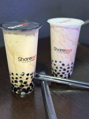 Classic Black Milk Tea (black top) Classic Oolong Milk Tea (white top)