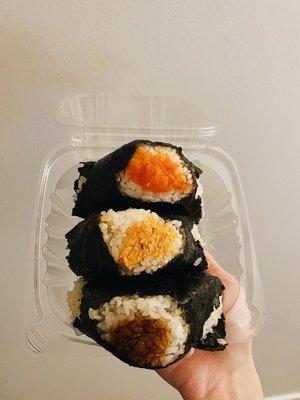 mentaiko onigiri / spicy salmon onigiri / karaage onigiri