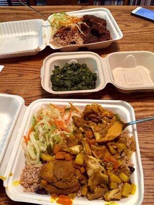 Top: jerk pork steak: middle: callaloo; bottom: curry chicken.