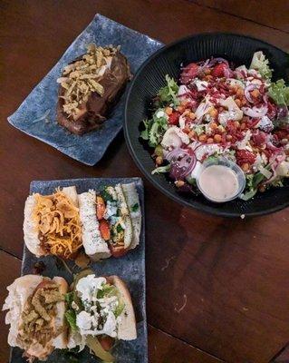 Hot Dog Flight, Mediterranean Salad and Southwest Stuffed Baked Potato