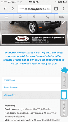 Economy Honda did not uphold the amount of time they stated online for the extended warranty offered for this vehicle.