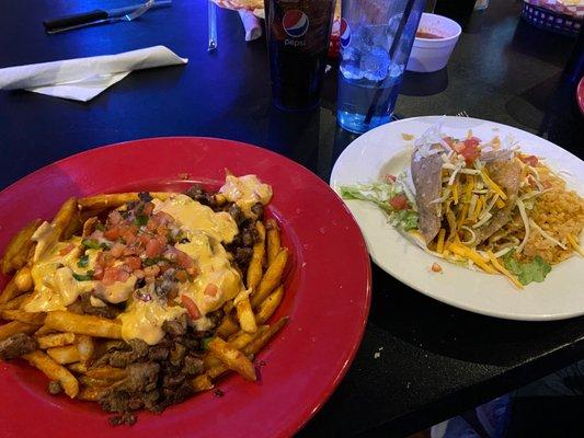 Asada Cheese Fries and 2 Deep-Fried Flour Tacos with rice