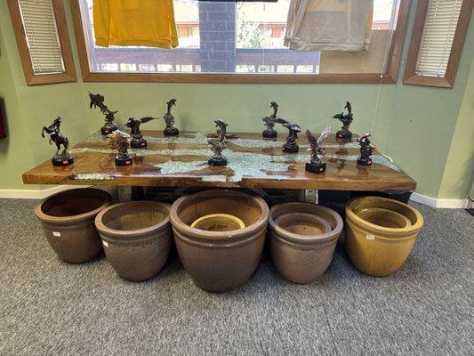 Copper statues and planting ceramic pots