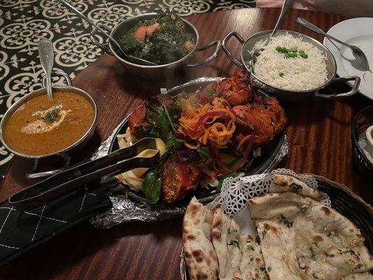 Goat Saag, Tandoori Chicken, garlic naan