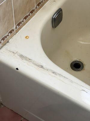 Damage to tub after shower doors were removed, chip on the tub and rust stain