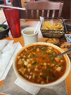 Menudo, coffee and chips.