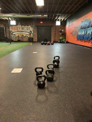 Wall balls, a few kettlebells out for a workout