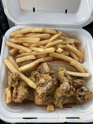 Small order of fried oysters, French fries and bread- Hot, fresh and delish!!!