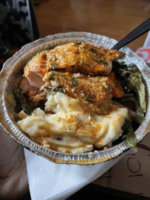 Salmon platter with mash potato and veg