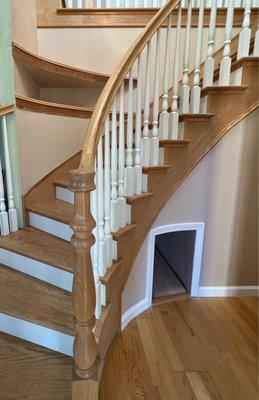 Shelf on stairs; pet room under stairs