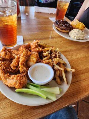 Buffalo chicken with fries, the bbq burger with garlic mashed potatoes.