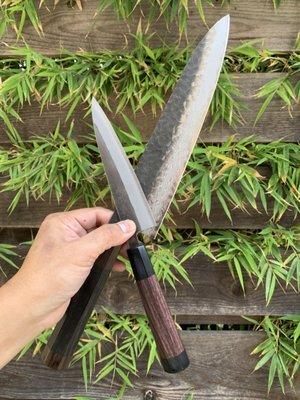 Damascus forged gyuto knife ebony handle & Petty utility knife.