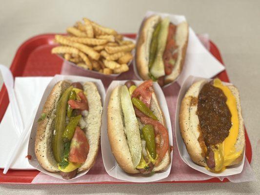 Chicago dog, chili cheese dog and fries