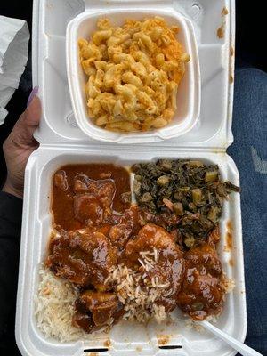 Ox tails, white rice, collard greens and mac & cheese