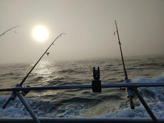 About a 1/2 mile from shore in the fog bank.