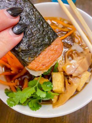 Red curry ramen with tofu + masubi !!!