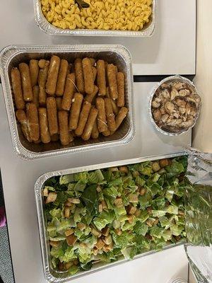 Chicken Caesar salad, and mozzarella sticks