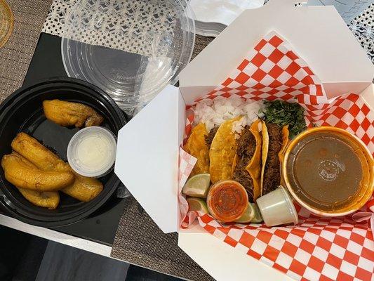 Birria tacos queso and fried platanos