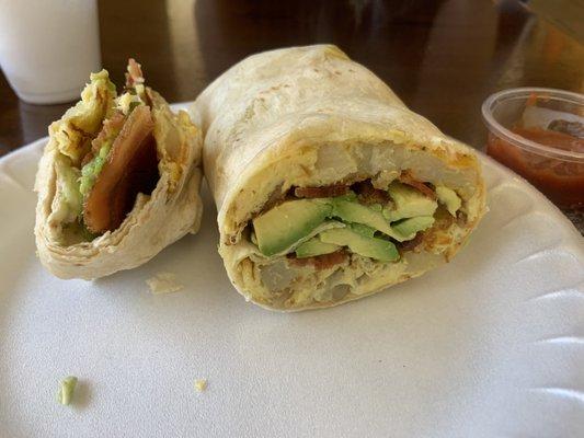 Bacon and avocado breakfast burritos are huge