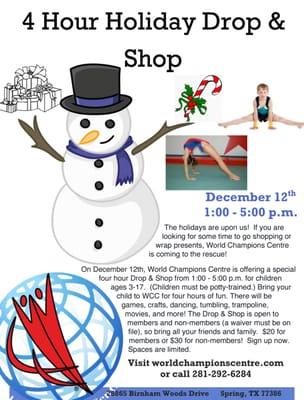 Don't miss the 4-Hour Gymnastics Holiday Drop & Shop on Dec. 12th!