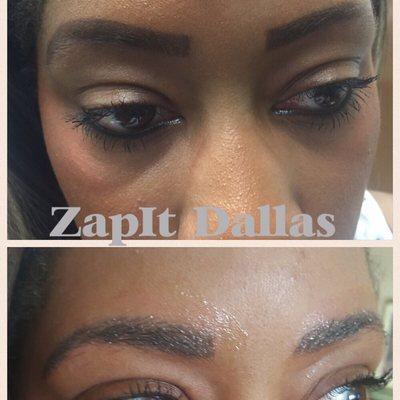 The top is before, with drawn brows. The bottom is after  with microblading. Such a natural look!